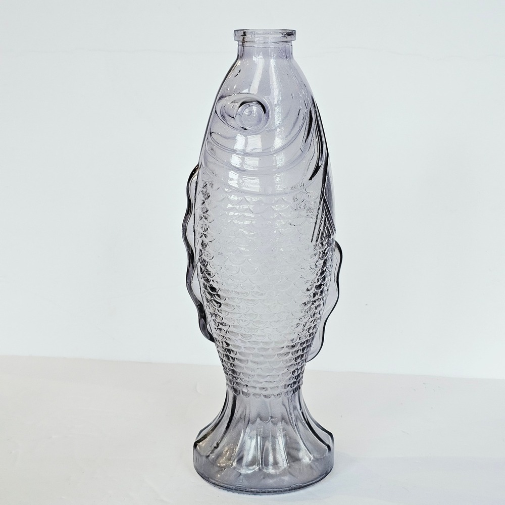 Vintage Purple Glass Fish Bottle Embossed Scale Decorative Vase Coastal Decor